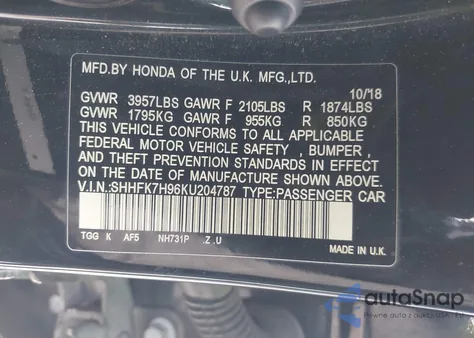 2019 Honda Civic Sport Touring from USA, damaged, VIN SHHFK7H96KU204787